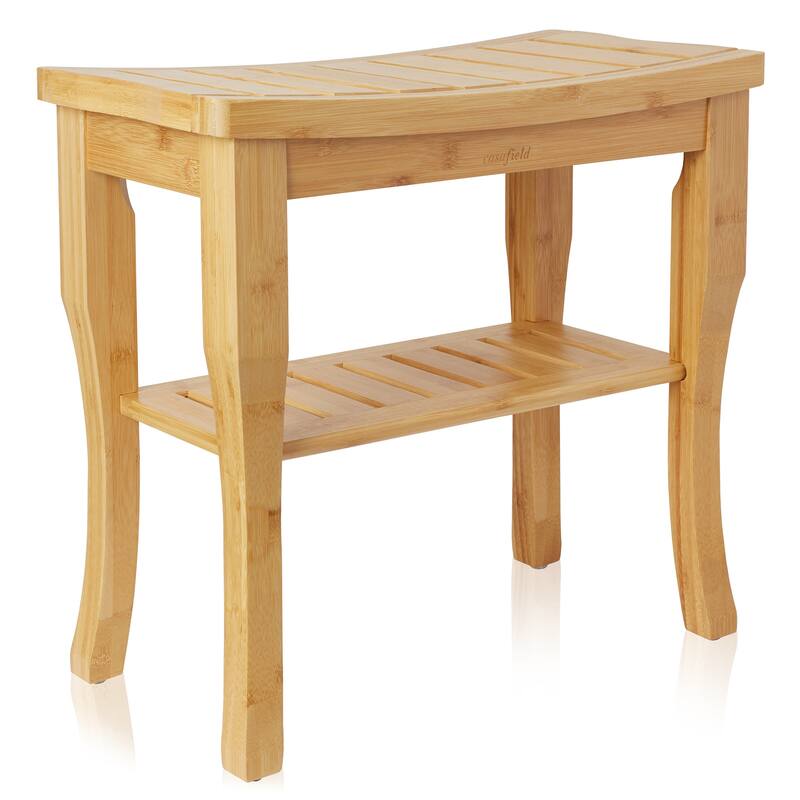 Bamboo Shower Bench w Storage Shelf 2Tier Bathroom Spa Stool Seat - Medium - Medium