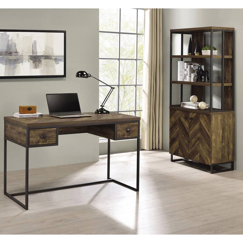 2-Door Bookcase in Rustic Oak Herringbone and Gunmetal