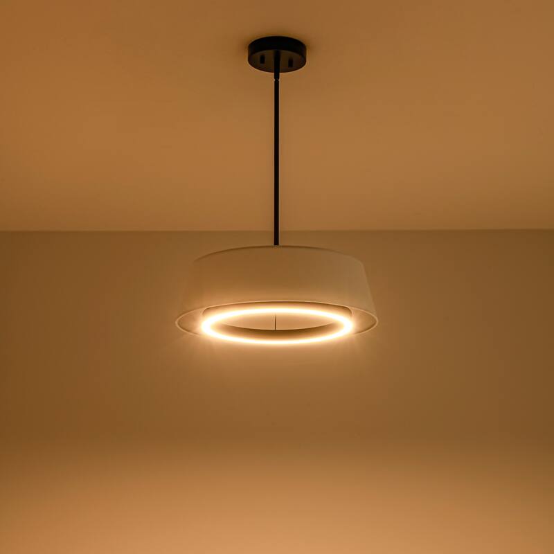 Modern Black Drum Fabric Integrated LED Pendant Light, Cylinder White Kitchen Island Lighting - 18.11 in. Dia. x 5.71 in. H