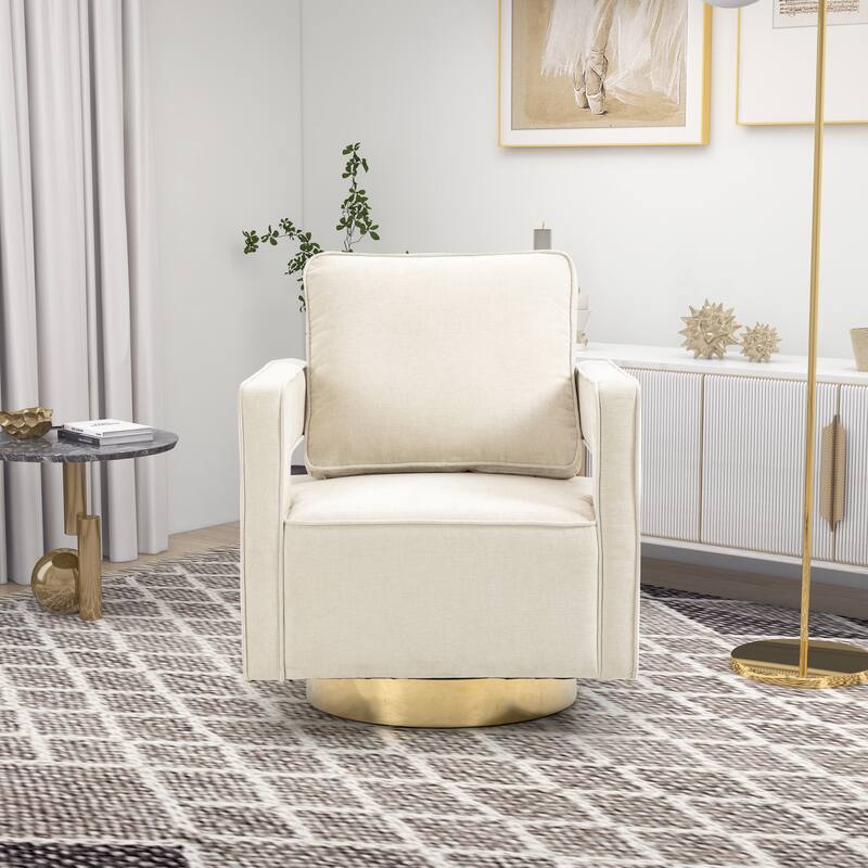 29.1"W Modern Swivel Accent Open Back Barrel Chair with Weathered Base - Beige-Chenille