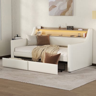 PU Leather Upholstered Daybed with Storage Headboard and 2 Drawers, Twin Sofa Bed Frame with LED Lights and USB Charging Station