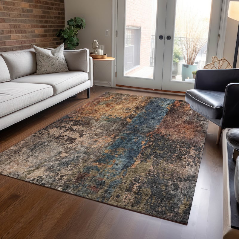Machine Washable Indoor/ Outdoor Abstract Contemporary Chantille Rug - Blue - 8' x 10'