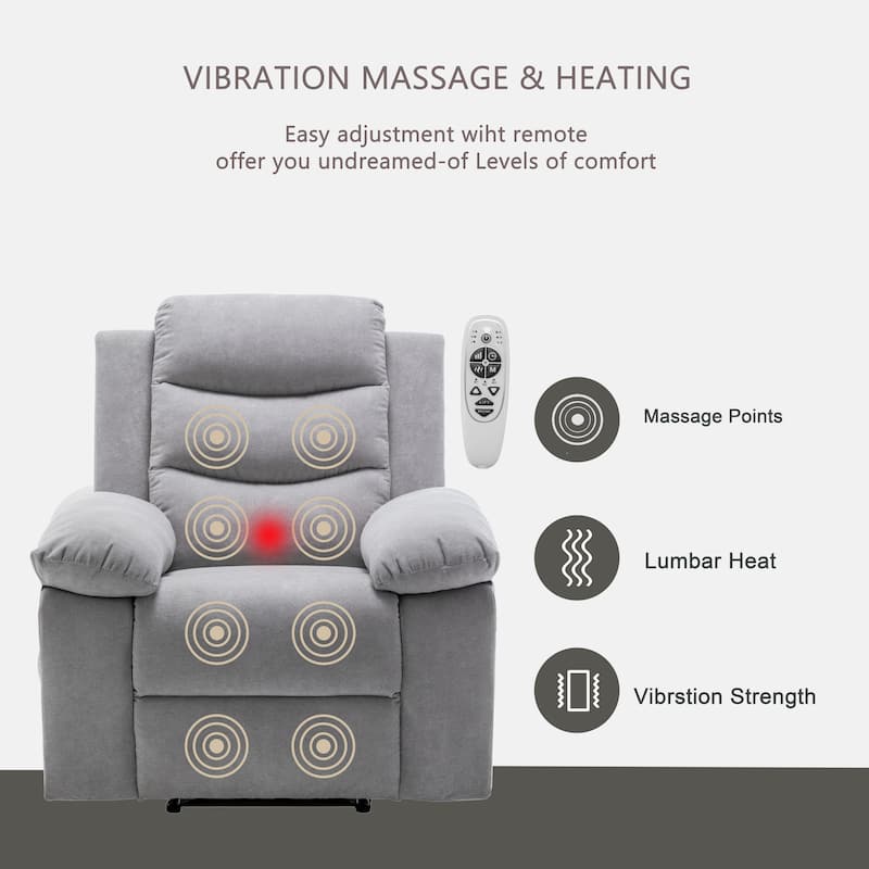 Velvet Fabric Power Recliner Chair with Massage and Heating