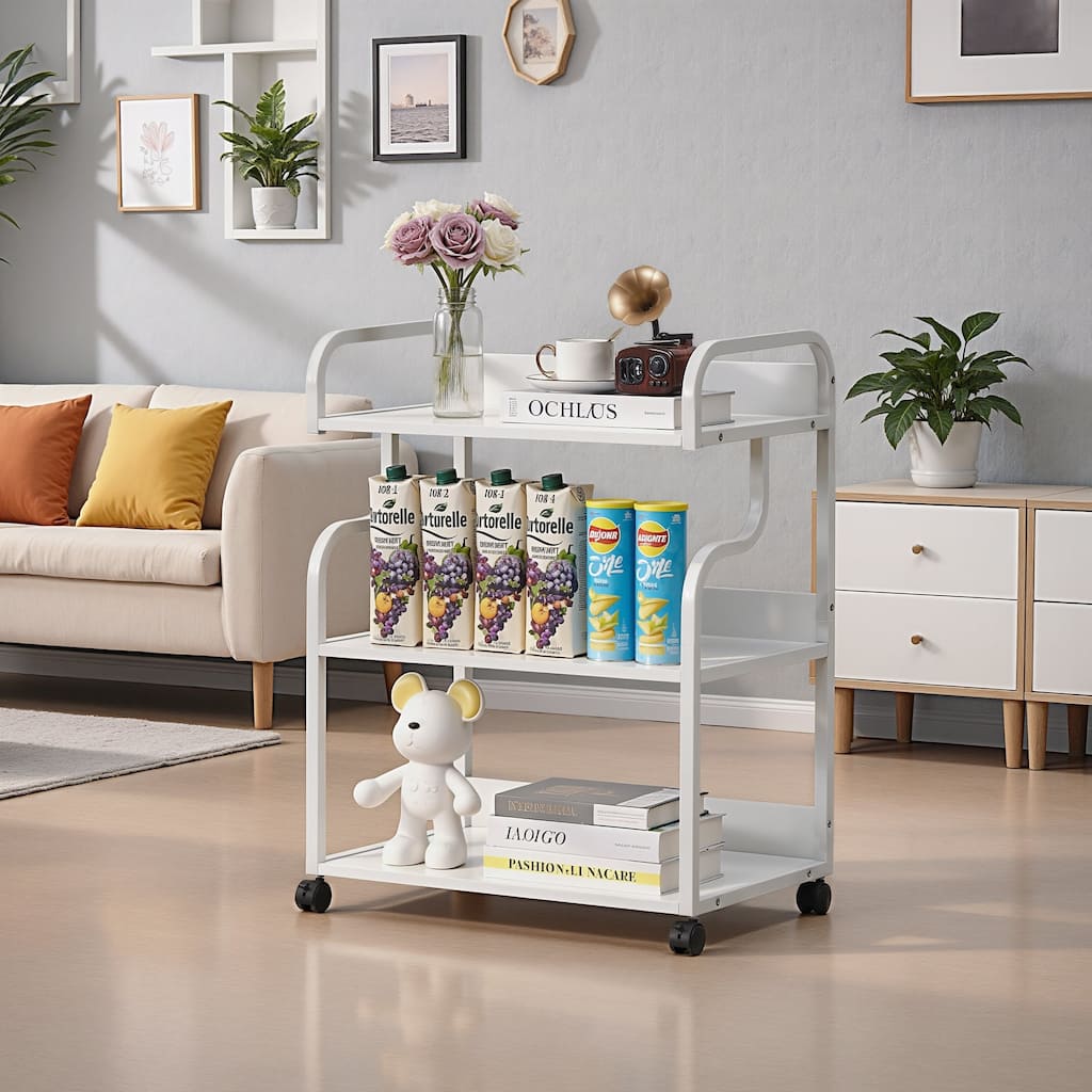 Javlergo 2-in-1 White Rolling Utility Cart with Outlets & USB Ports 3-Tier Open Shelf or 2-Tier with Door Cabinet Office Cart