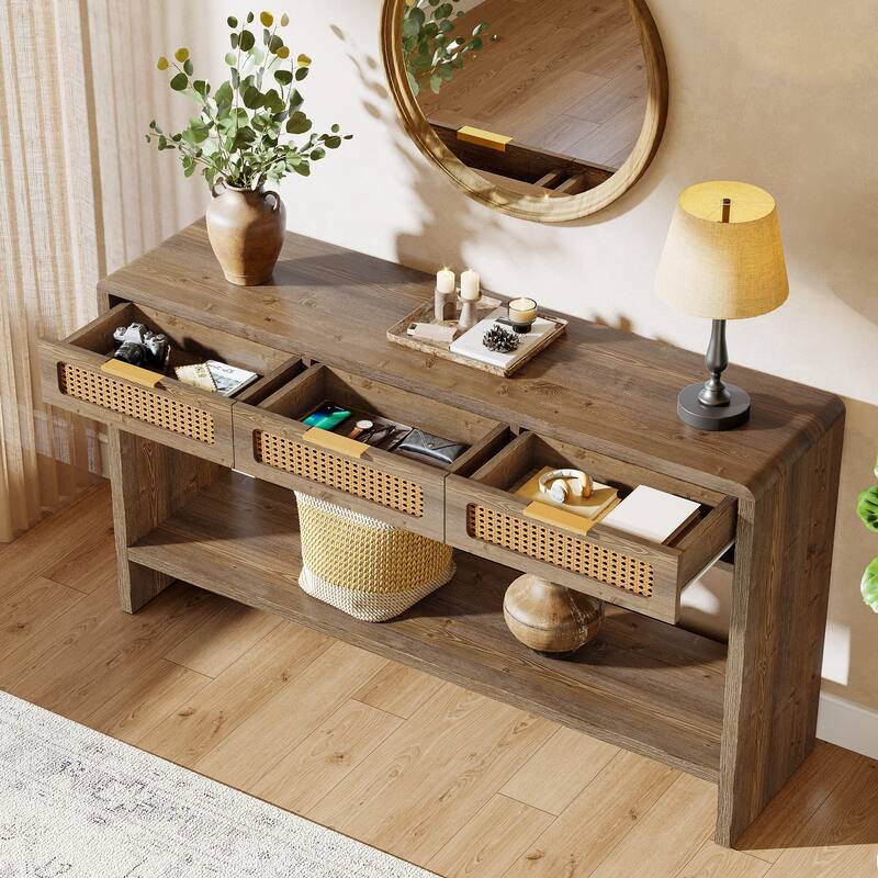 2-tier Entryway Table with Drawers, Console Sofa Table for Living Room - 13.78" D x 55.12" W x 32.68" H