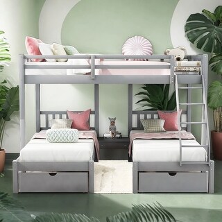 Full Over Twin & Twin Wood Bunk Bed with Drawers and Guardrails, Grey ...