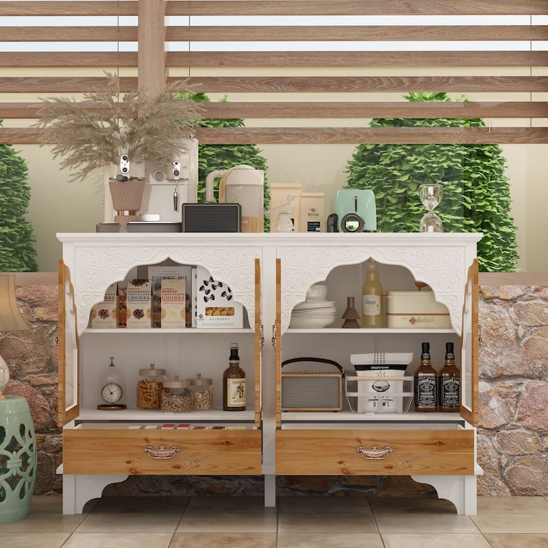 American Retro Solid Wood Carved White Buffet Cabinet Sideboard White Storage