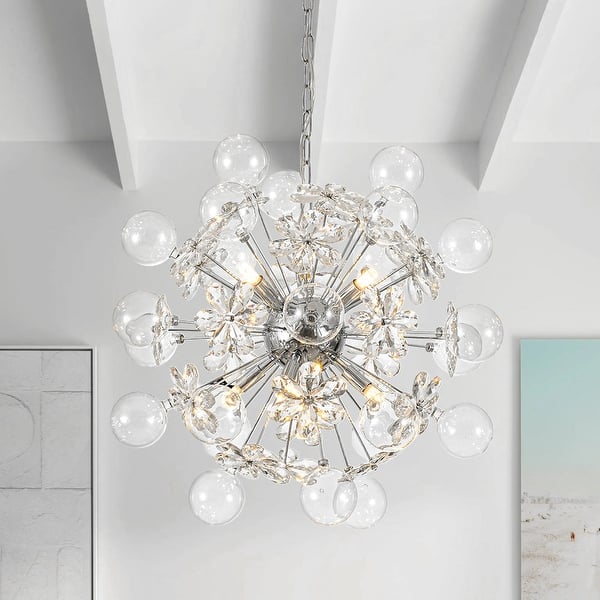 slide 2 of 16, Art Deco Crystal Flower Glass Bubble Sunburst Chandelier 23.6in Chrome
