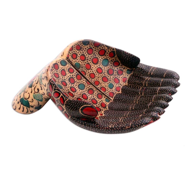 Novica Handmade Giving Hands Batik Wood Catchall - 2.4" H x 7.75" W x 5" D