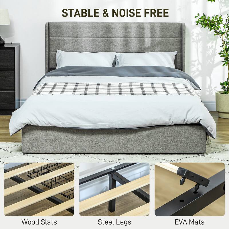 Upholstered Full Size Bed Frame with Headboard, Storage Drawers, Wood Slats, Noise-Free, Easy Assembly, Light Gray