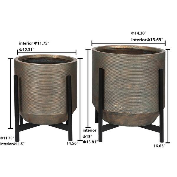 2-Piece Weathered Copper MgO Round Planters with Metal Stand - Bed Bath ...