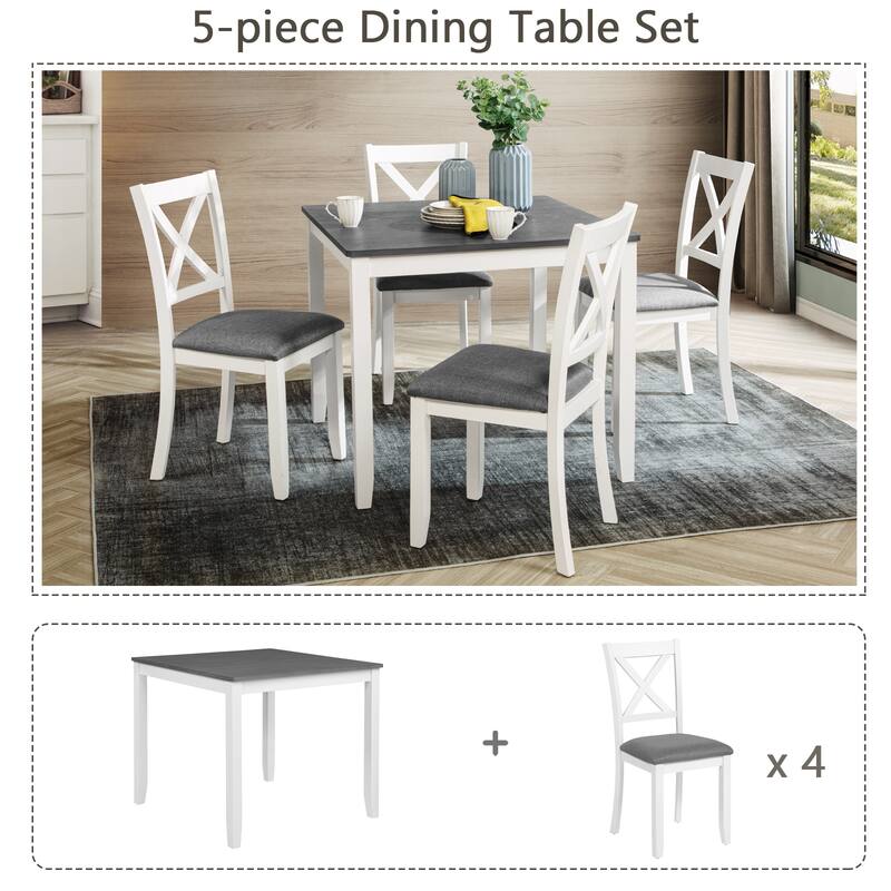 5-Piece, Modern Dining Table Set Wooden Dining Table Set with 4 Chairs, for Dining Rooms and Kitchens, Gray and White Color