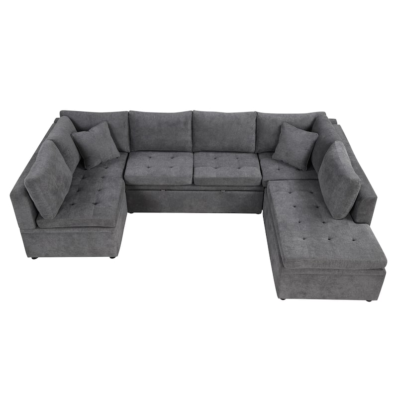 117.3" Oversized U-shaped Pull-out Sofa Bed, Gray Chenille, 2 Pillows