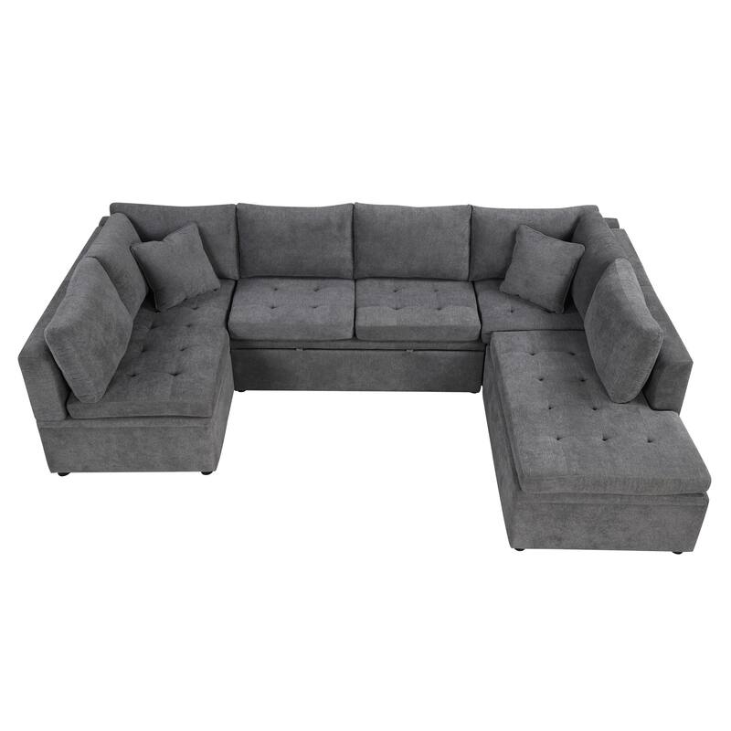 Grey 117" U-Shaped Oversized 6-Seater Sectional Sofa with Chaise, Pull-Out Bed, and 2 Detachable Throw Cushions for Comfort