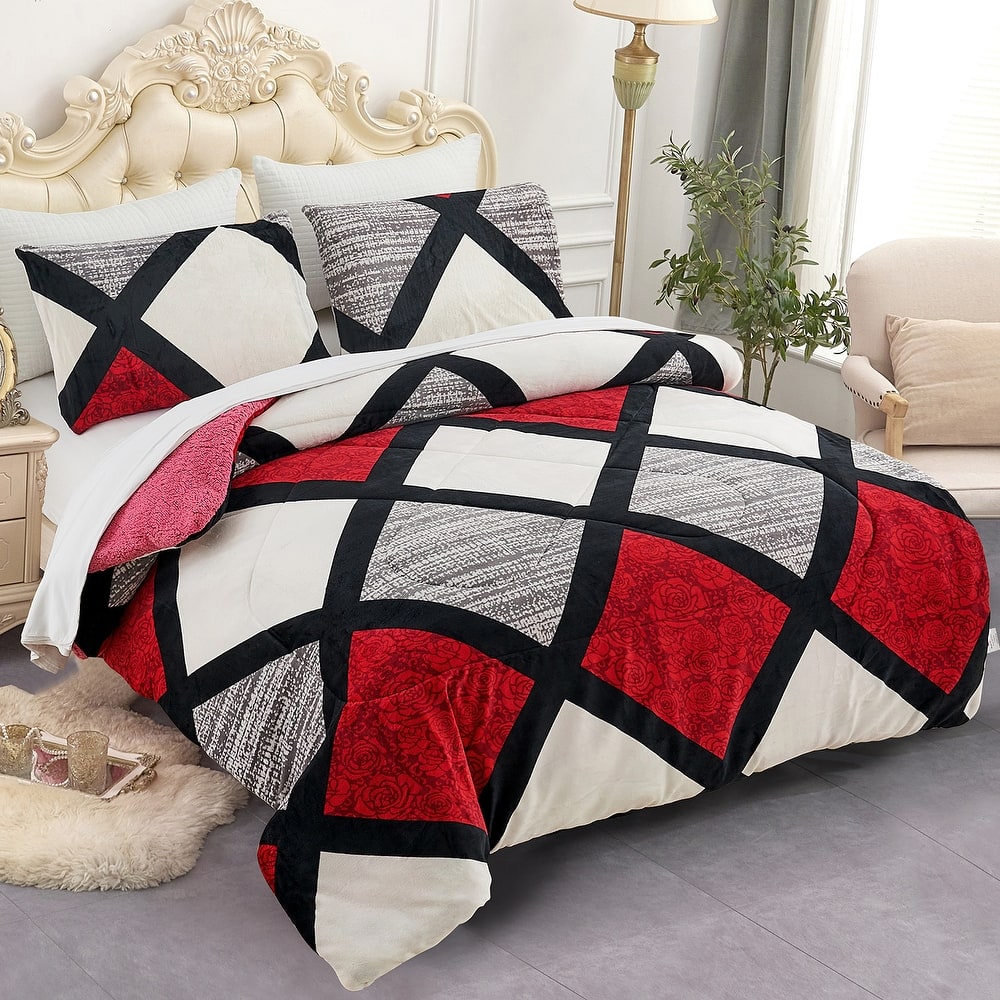 3-Piece Floral Printed Sherpa-Backing Reversible Comforter Set