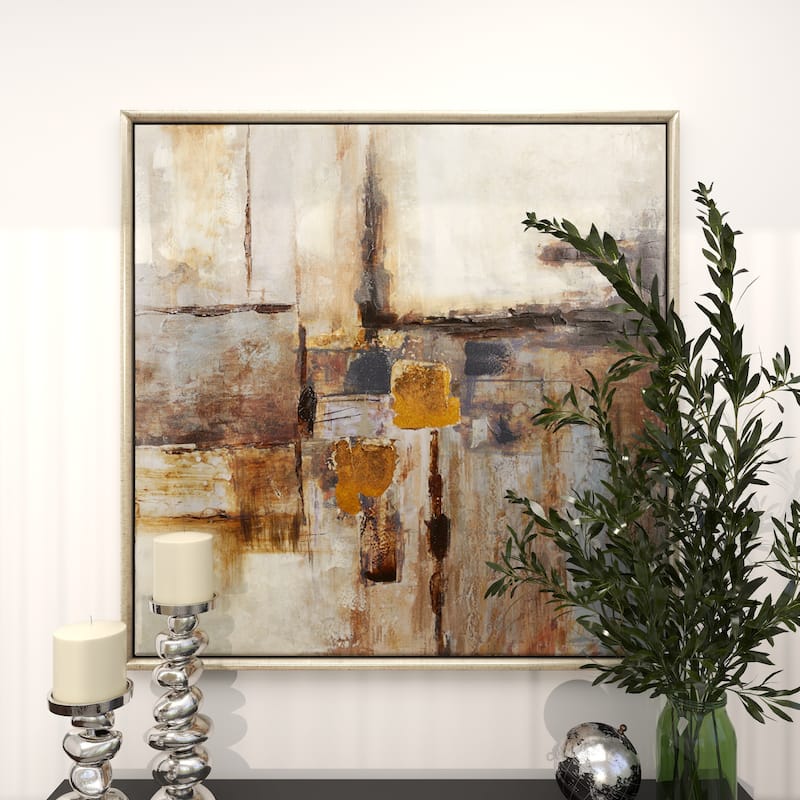Brown Canvas Abstract Living Room Framed Wall Art with Silver Frame