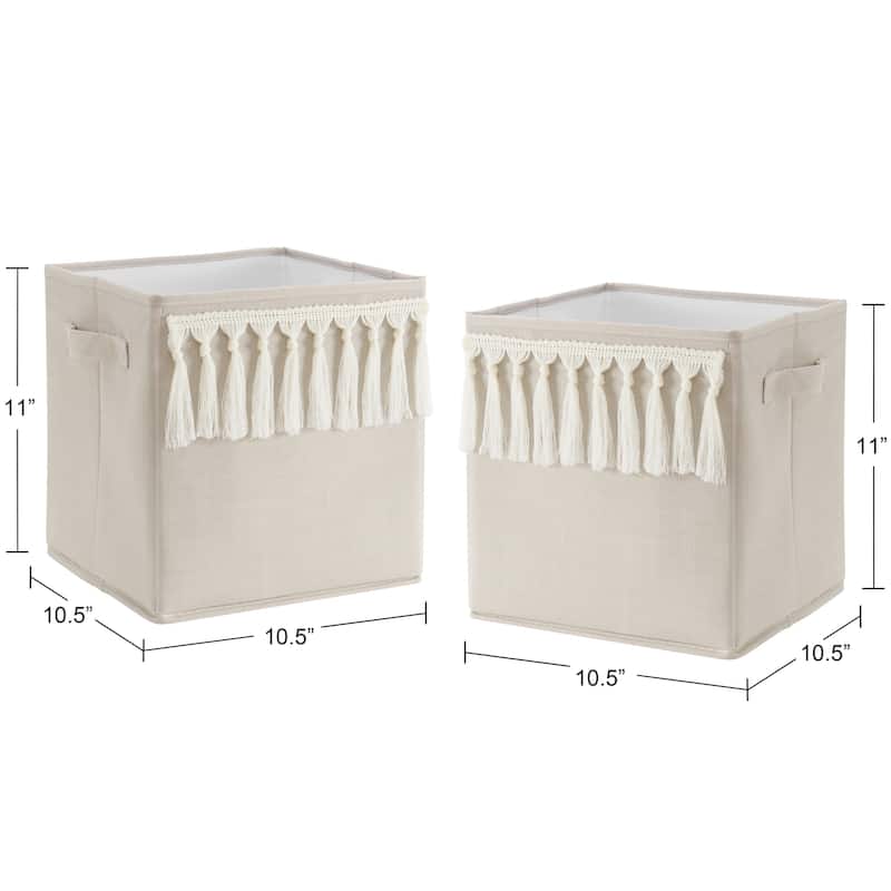 Boho Bohemian Foldable Fabric Storage Bins - Solid Taupe Beige Ivory Cream Off White Linen Farmhouse Shabby Chic Fringe Neutral