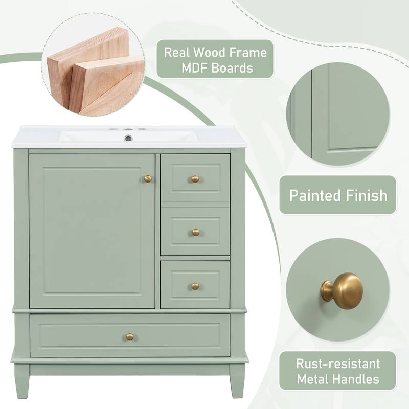 30" Freestanding Bathroom Vanity with Sink, One Door Cabinet and 3 Drawers, Solid Wood Frame & MDF Board