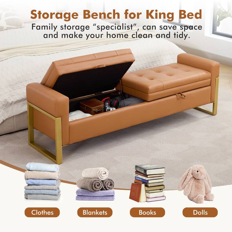 66" Storage Bench for Bedroom End of Bed with Double Lids and Gold Legs