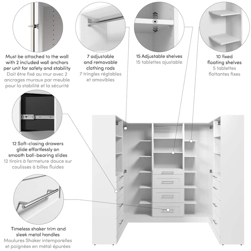 Bestar Florence 95W x 61D U Shaped Walk-In Closet System, Shaker