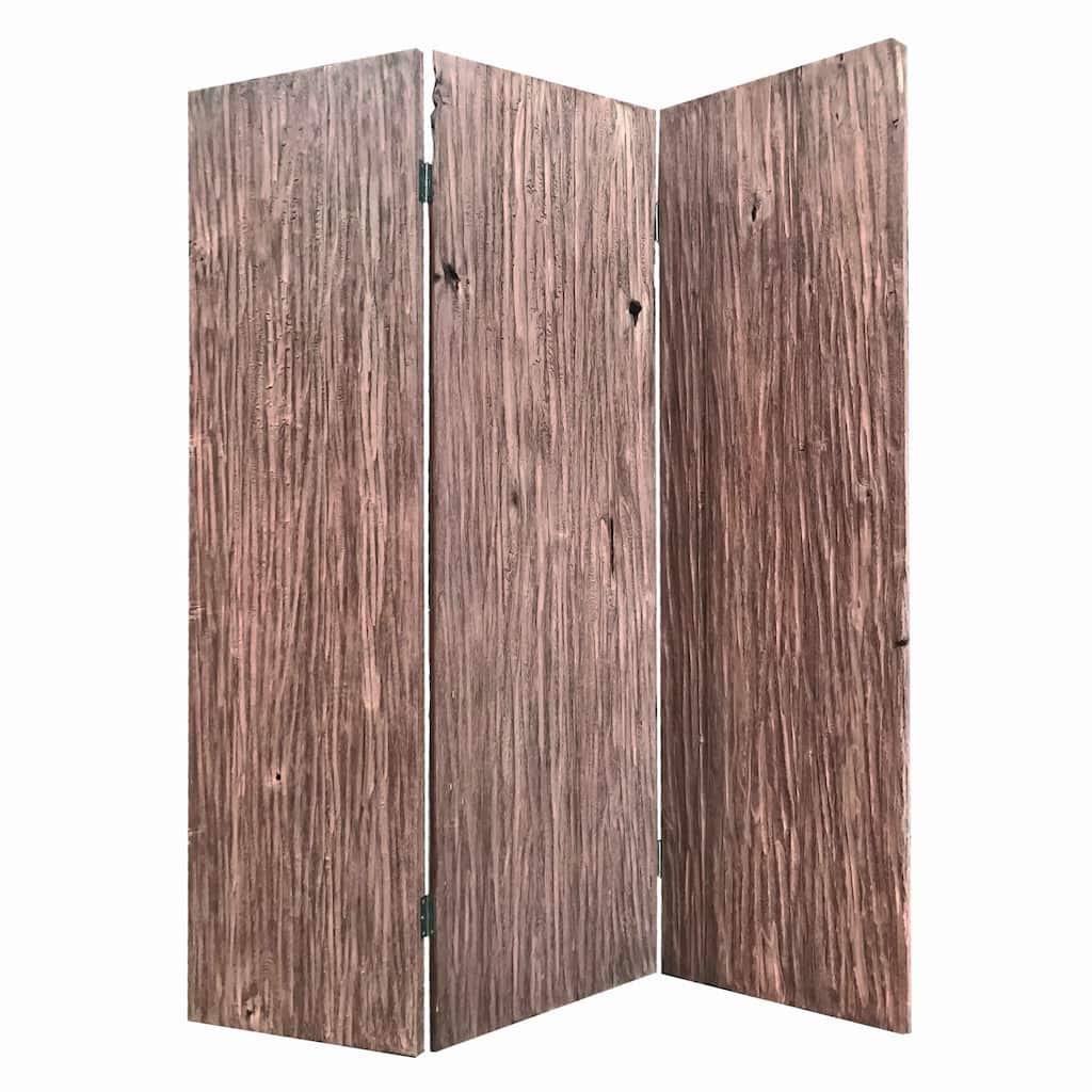 Textured and Bark Designed Wooden 3 Panel Room Divider , Natural Brown