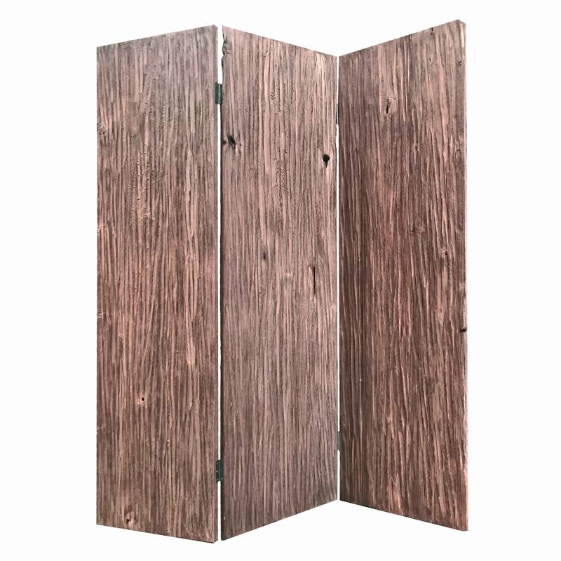 Textured and Bark Designed Wooden 3 Panel Room Divider , Natural Brown