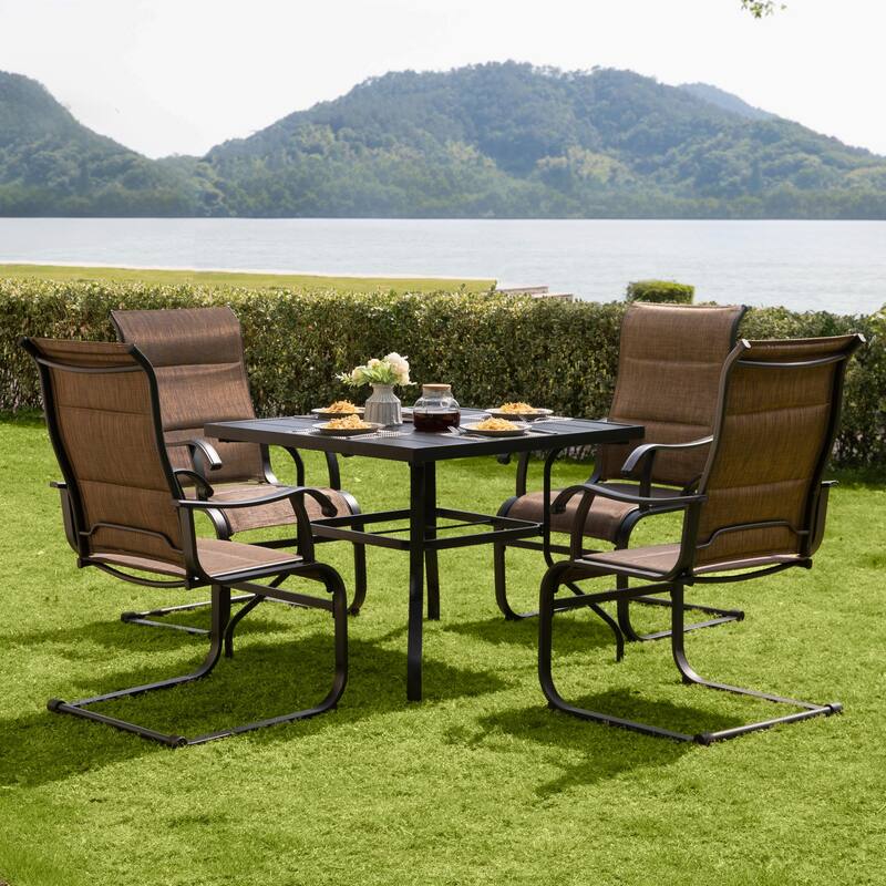 Outdoor 5-Piece Dining Set with Umbrella Hole, Textilene and Iron