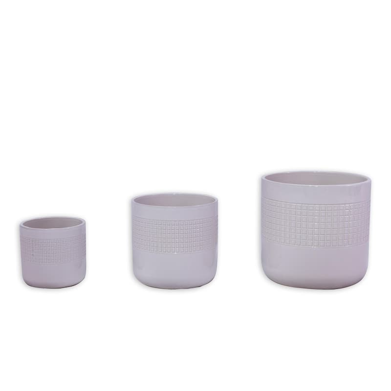 Set of 3 Grid Ceramic Flowerpot, Modern Planter for Patio, Garden, Windowsill - Ancient White