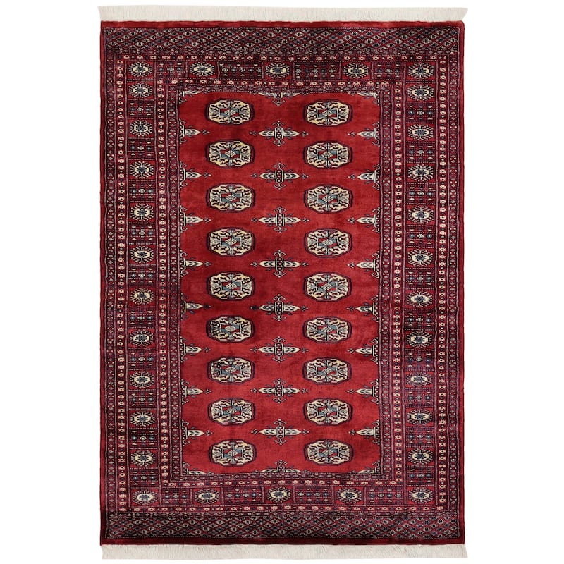 Tribal Bokhara Mercedes Red Blue Hand Knotted Rug - 4'1'' x 6'1''
