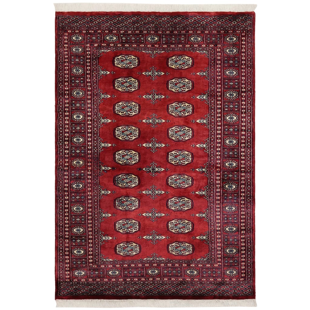 Tribal Bokhara Mercedes Red Blue Hand Knotted Rug - 4'1'' x 6'1''