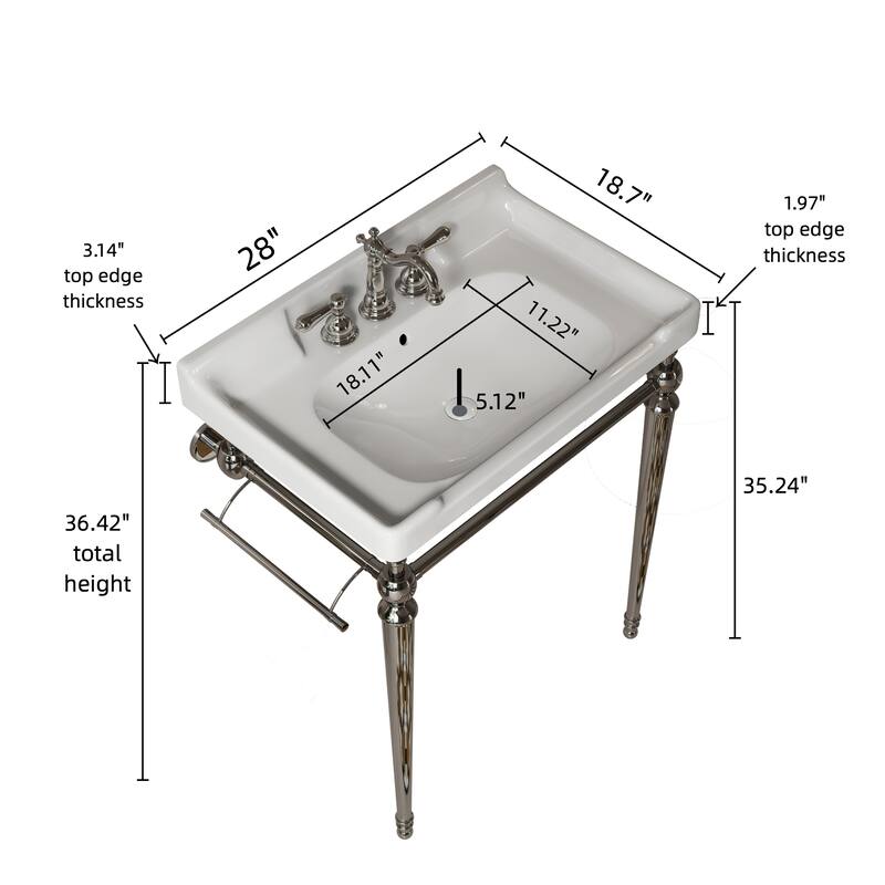28" Bathroom Console Sink, Wall-Mounted Ceramic Vanity Basin with 3 Pre-drilled Faucet Holes with Towel Bar