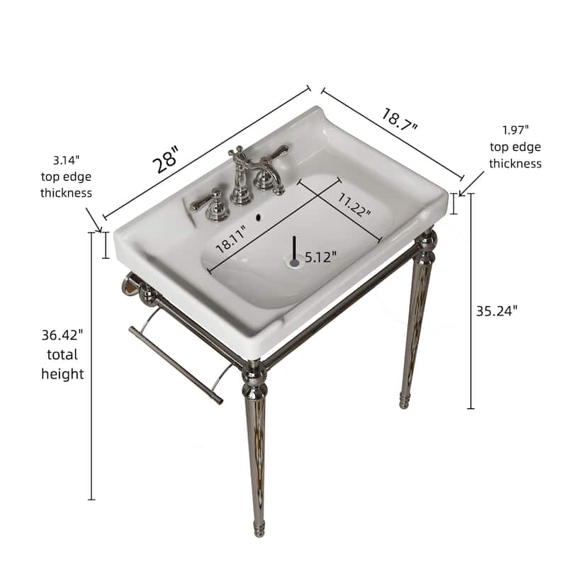 GDFStudio - Vici Modern 28" Bathroom Console Sink with Stainless Steel Legs & Towel Bar, WITHOUT Faucet