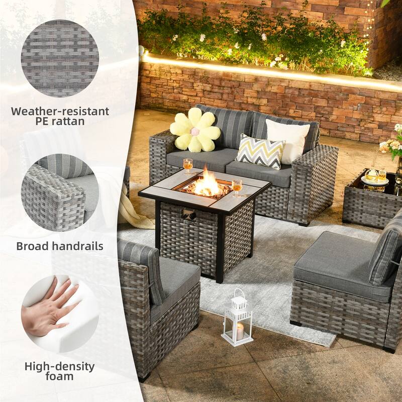 OVIOS Patio Wicker Furniture Wide Arm 7-piece Fire Pit Set with Table