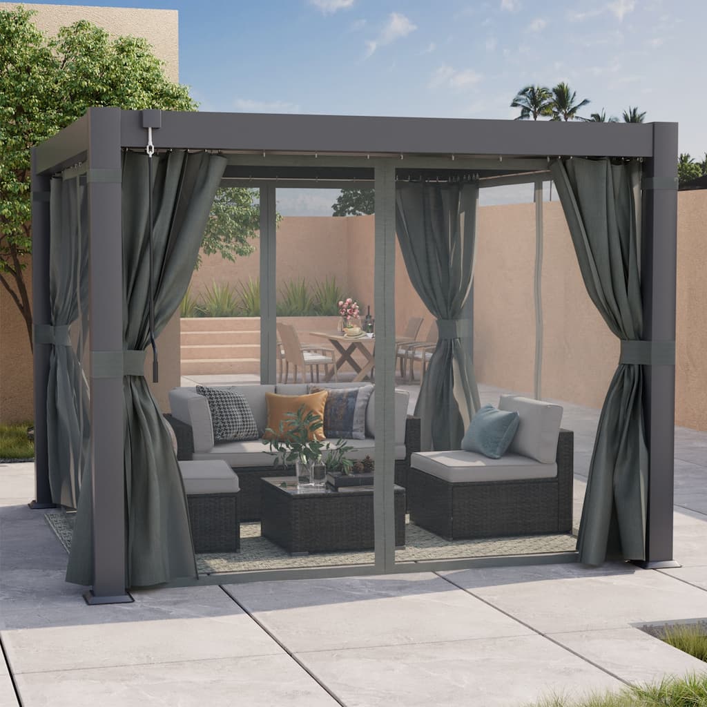 COSIEST Outdoor Aluminum Louvered Pergola with Adjustable Netting and Curtains