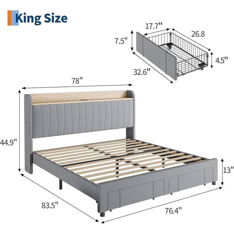 Upholstered Platform Beds with Drawers, Storage Headboard, Charging Station, Grey