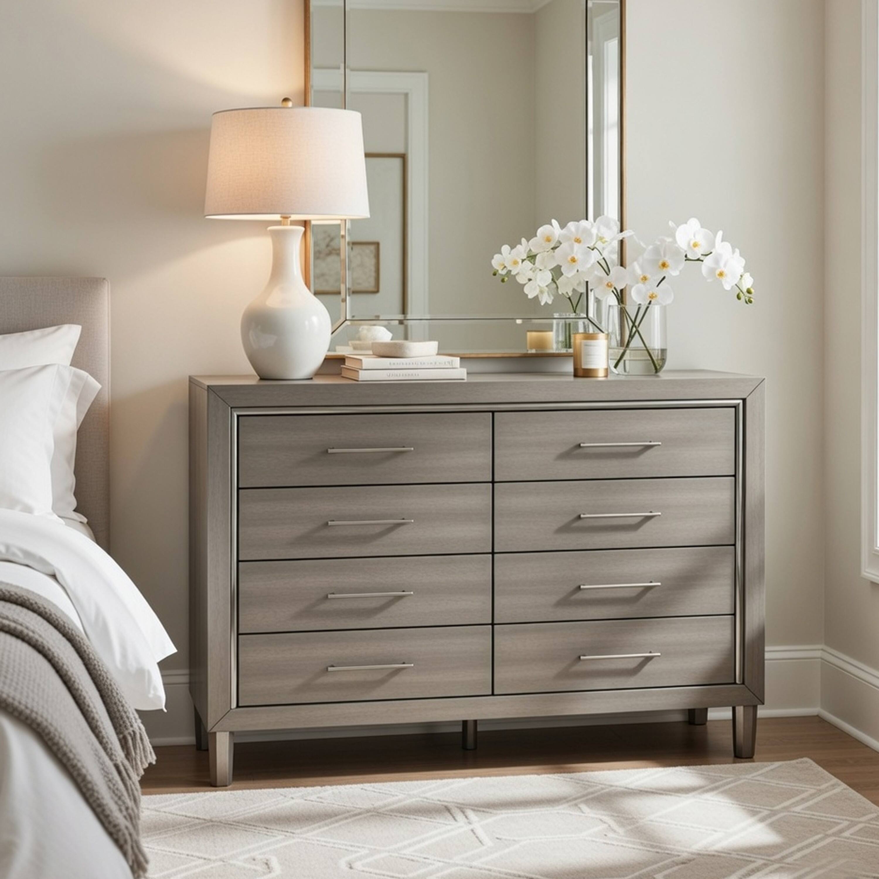 grey wide dresser Levy 64 Inch Dresser, 8 Drawers, Silver Trim, Ash Gray Laminate Wood Merch Nosto Test