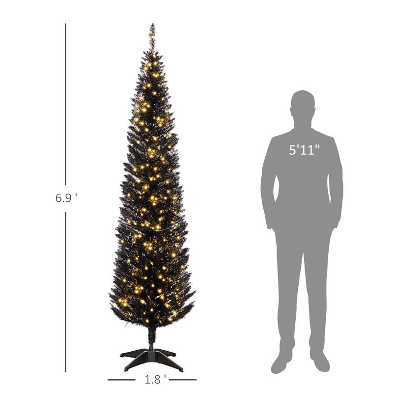 7 ft Black Pencil Christmas Tree with 250 Warm White LED Lights Slim Space-Saving Design with 499 Tips - 21.7" Dia. x 82.7"H