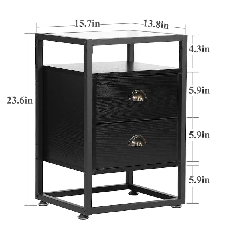 Javlergo Tempered Glass Top Nightstand with 2-Drawer and Open Shelf