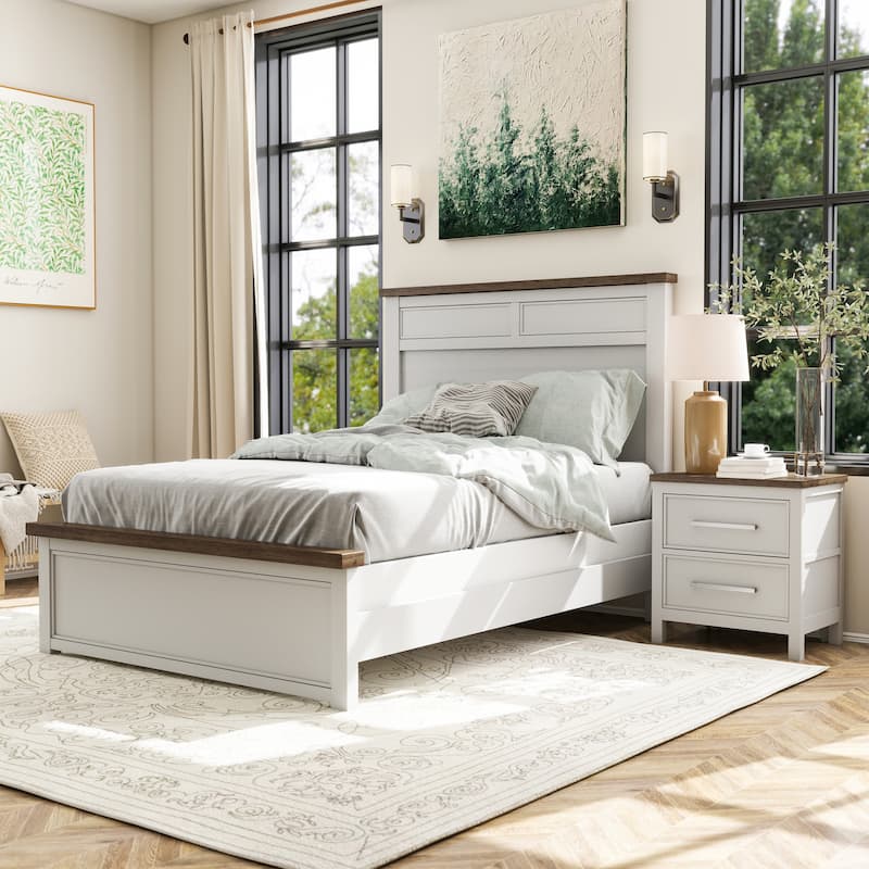 Furniture of America Althea Modern Farmhouse 2-Piece Wood Kids Panel Bed and Nightstand Set - White - Full
