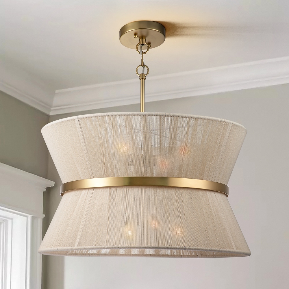 24 inch 8-Light Modern Farmhouse Large Round Chandelier Patinaed Brass/ Bleached Tiered Drum Natural Hand-woven Rope Chandelier