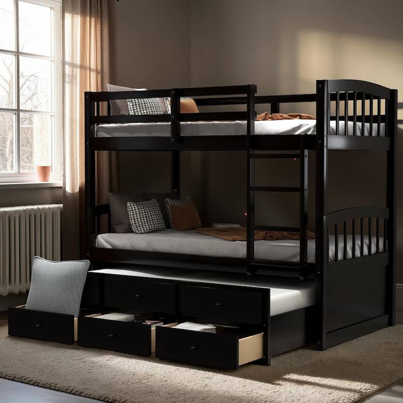 Twin Over Twin Bunk Bed with Trundle and 3 Drawers, Wooden Bunk Bed with Ladder and Safety Rails, Space Saving