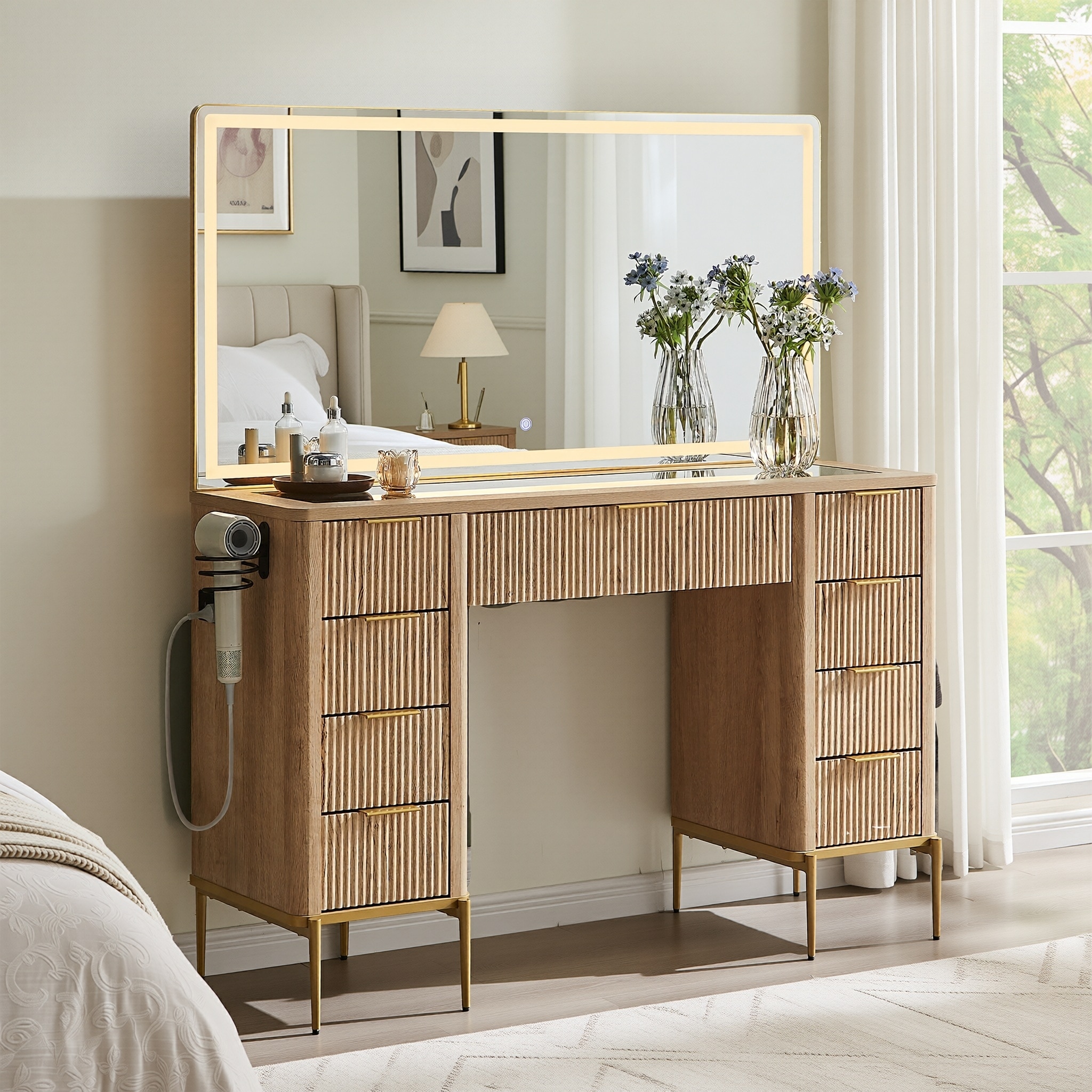 Modern Fluted Makeup Vanity Desk with Mirror, Lights, Charging Station