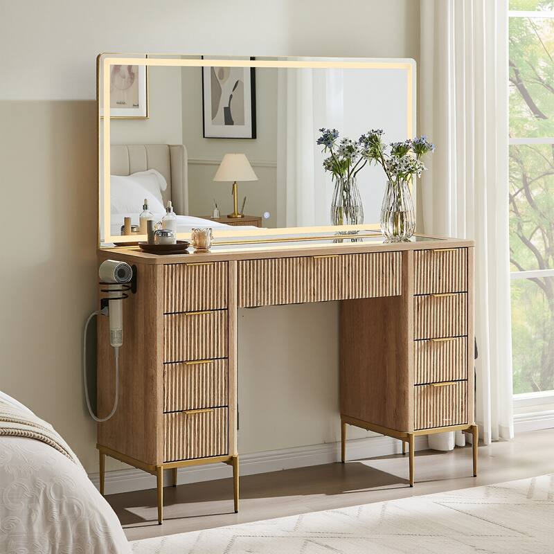 Modern Fluted Makeup Vanity Desk with Mirror, Lights, Charging Station - Oak