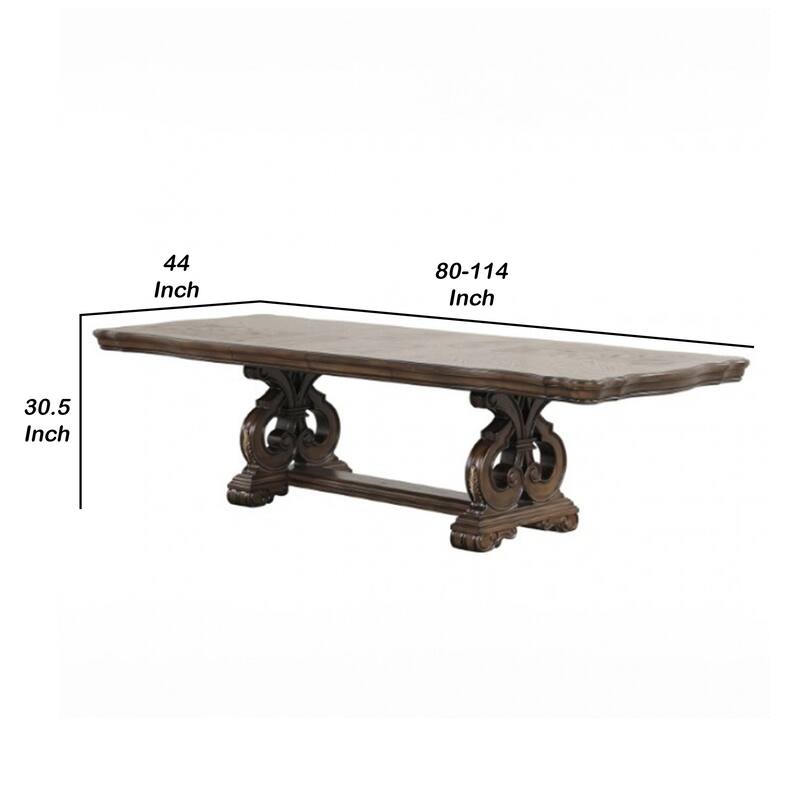 Leova Dining Table, 80-114 Inch Extendable Top, Dark Brown Corbel Base