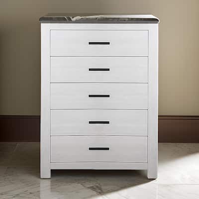 Kopa 45 Inch Tall Dresser Chest, 5 Drawers, Black Handles, White Wood