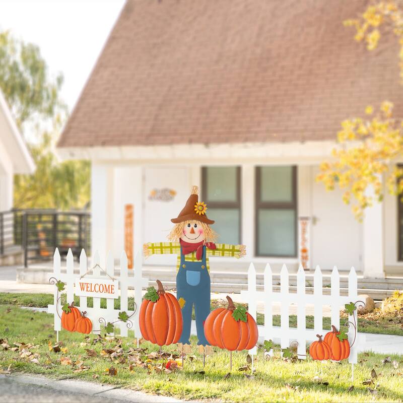 Glitzhome Welcome Fall Metal Scarecrow Corns Pumpkin Fence Yard Stake Halloween Thanksgiving Decor