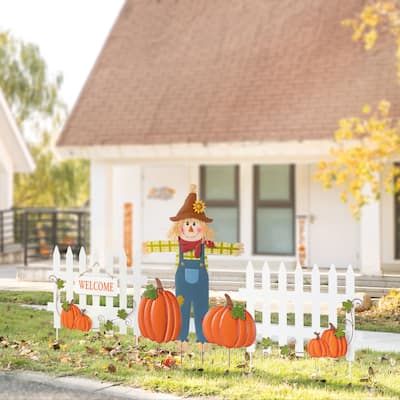 Glitzhome Welcome Fall Metal Scarecrow Corns Pumpkin Fence Yard Stake Halloween Thanksgiving Decor