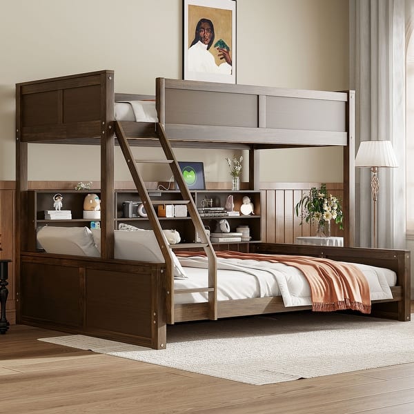 slide 2 of 36, Twin XL / Full XL over Queen Size Bunk Bed with Storage Cabinets and Ladder, Multi-functional Kids Bed Frame with USB Ports Twin XL over Queen - Antique Wood