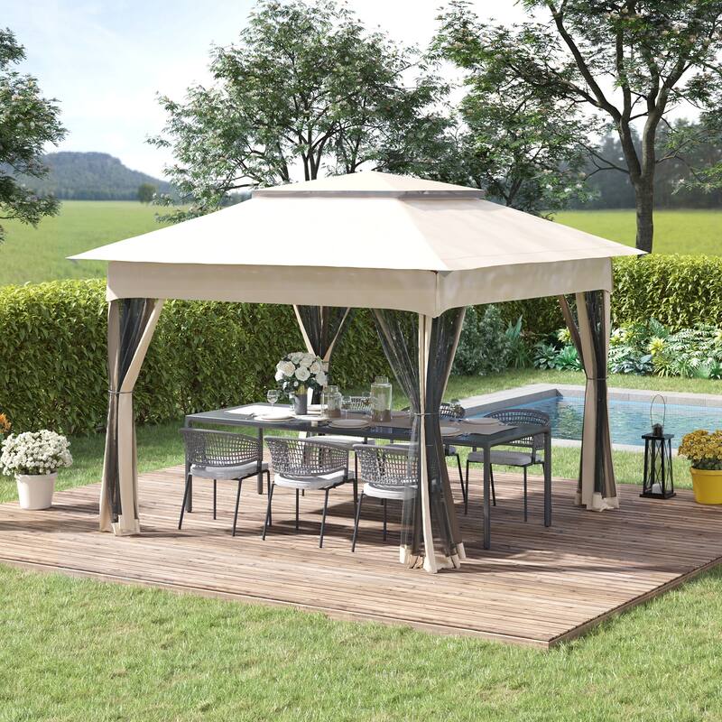 Outsunny 11' x 11' Pop Up Gazebo Canopy with 2-Tier Soft Top, and Removable Zipper Netting, Event Tent with Storage Bag - Beige, Black, Brown