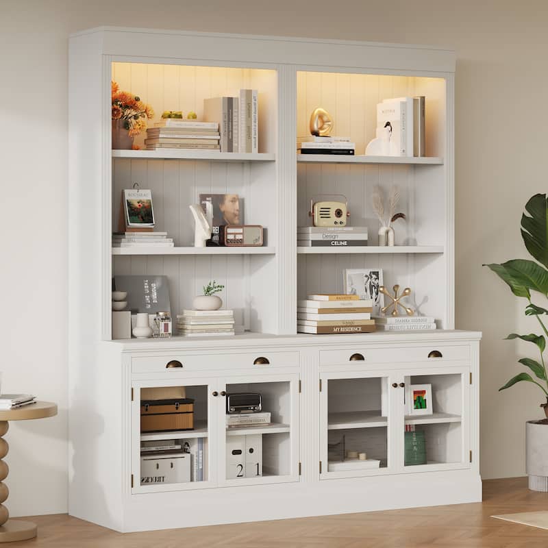 83.4" Modern Bookshelf Suite with LED Lights, Glass Doors, Drawers & Open Shelves, 2-Piece Storage Bookcase Set for Home Office - White